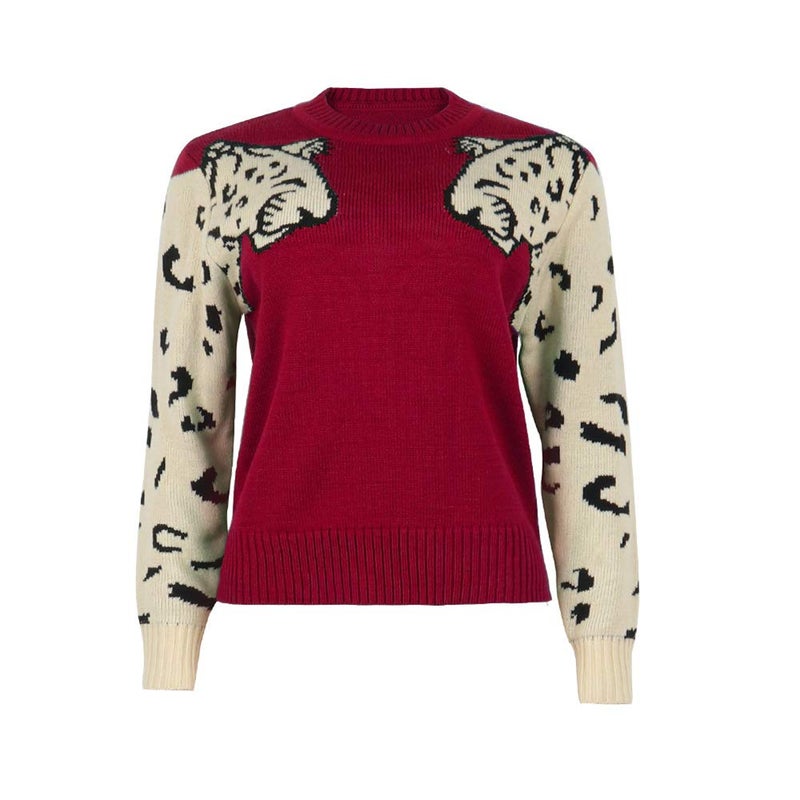 JUNBOON Womenâ€™s Casual Leopard Print Knitted Pullover Sweaters Long Sleeve Crew Neck Jumper Tops Red - Image 3